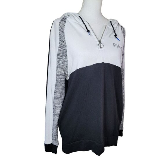 PINK Pullover Quarter Zipper Hoodie Pockets Block Color Black White Womens Small - Picture 14 of 14